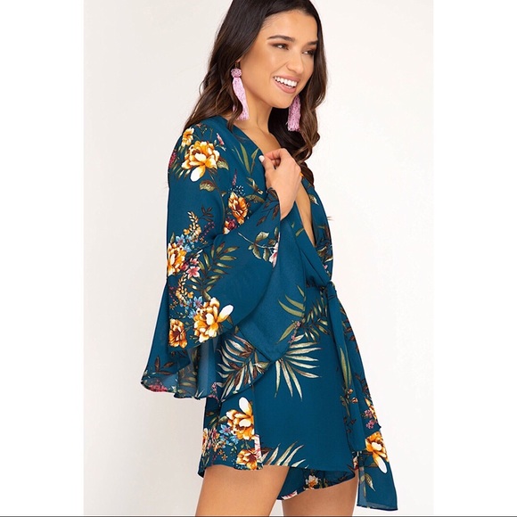 Floral Woven Romper in Teal - Picture 3 of 6